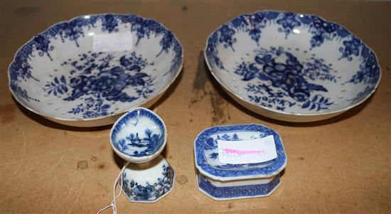 4 blue and white items